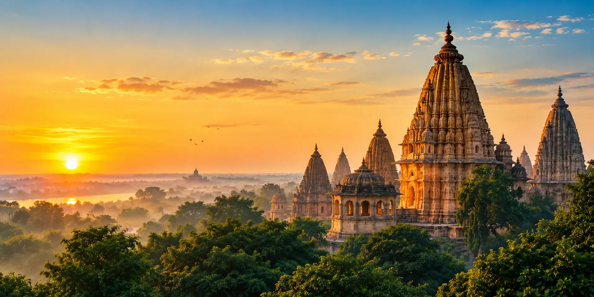 Temple spires catching the first light of morning